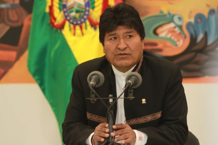 Evo Morales na conferência na Casa Grande do Povo, para agradecer o voto popular e alertar contra o golpe de estado em curso. La Paz, Bolívia, 23 de Outubro de 2019.