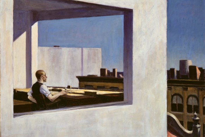 «Escritório numa pequena cidade (1953), de Edward Hopper (1882-1967). Óleo sobre tela, 71,1x101,6 cm. Museu de Arte Metropolitano, Nova Iorque 