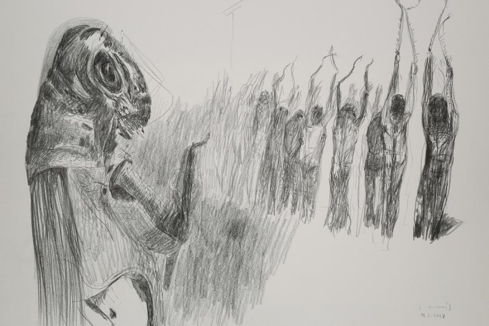 Graça Morais, «Metamorfoses Da Humanidade», séries VII, 2018, Grafite em papel 42x59,4cm. Exposição «Pinturas e Desenhos (1993/2018)», no Centro de Arte Contemporânea Graça Morais, em Bragança, até 20 setembro