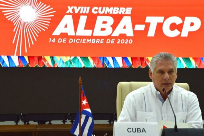 O presidente de Cuba, Miguel Díaz-Canel, durante a cimeira virtual da ALBA-TCP 
