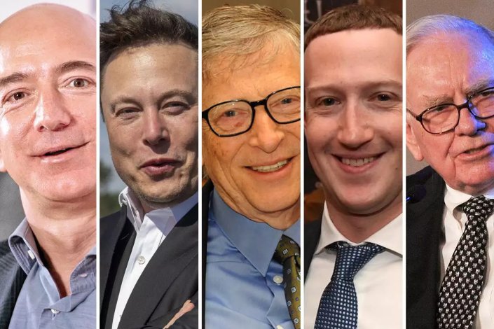 Os cinco maiores bilionários dos EUA enriqueceram em 2020, durante a pandemia, enquanto a maioria da população empobreceu. Na foto, Jeff Bezos, Elon Musk, Bill Gates, Mark Zuckerberg e Warren Buffet
