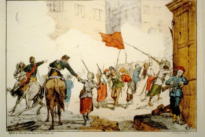 «A barricada da Praça Branca, defendida por mulheres» (Maio de 1871). Litografia de Hector Colomb, dito Moloch (1849-1909), Museu Carnavalet, Paris, França.