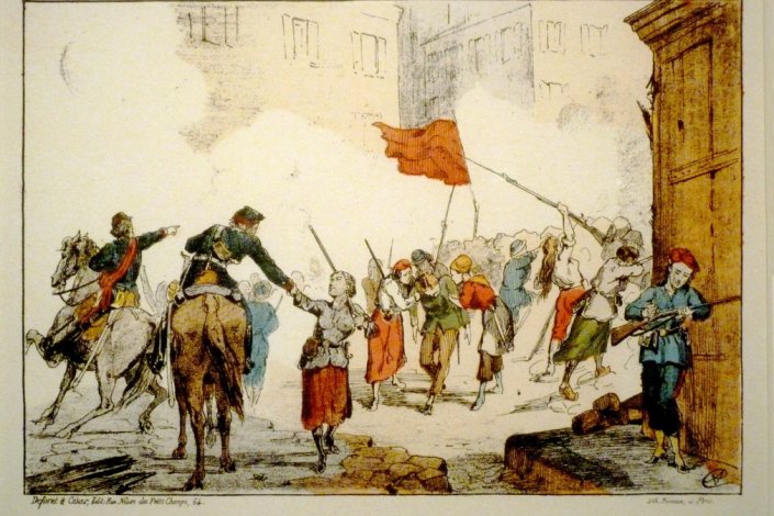«A barricada da Praça Branca, defendida por mulheres» (Maio de 1871). Litografia de Hector Colomb, dito Moloch (1849-1909), Museu Carnavalet, Paris, França.