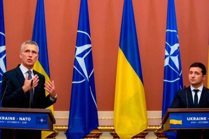 Conferência de imprensa de Jens Stoltenberg e Volodymyr Zelensky (foto de arquivo)