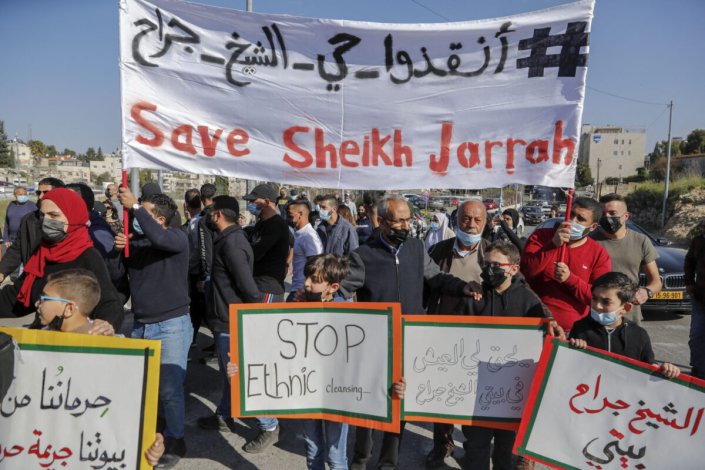 Protesto contra a expulsão de famílias palestinianas do Bairro de Sheikh Jarrah, em Jerusalém Oriental ocupada