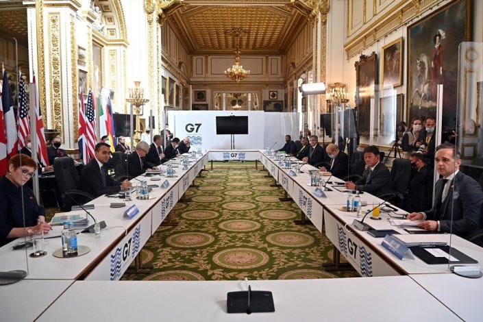 Participantes na reunião dos ministros dos Negócios Estrangeiros do G7 em Londres, Reino Unido, 5 de Maio de 2021 