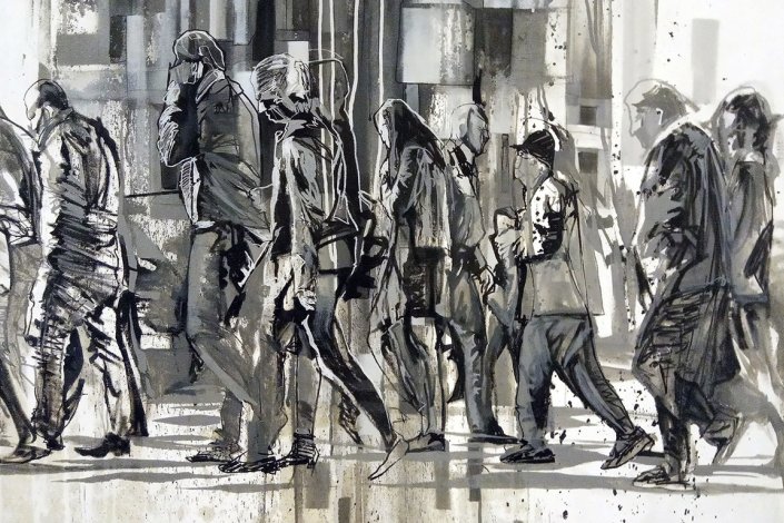 Pormenor da obra de Ricardo Tota, <em>Get Up and Go to Work</em> (Levantar e ir para o trabalho), 2018, Spray e Acrílico sobre Tela, 140x180 cm. Exposição Coletiva CGTPexpo50 na Sala do Risco do Pátio da Galé (Praça do Comércio) em Lisboa, até 25 de julho