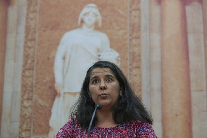 A líder parlamentar do Partido Comunista Português (PCP), Paula Santos, anunciou a posição do partido sobre a participação do Presidente ucraniano, Volodymyr Zelensky, em sessão solene da Assembleia da República. Lisboa, 20 de Abril de 2022