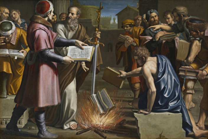 Lucio Massari (Bolonha, 1569-1633), «São Paulo, em Éfeso, exorta a queimar os livros heréticos», c. 1612. Óleo sobre tela, 193 x 277,5 cm. A obra integrou a colecção da Casa dos Príncipes de Liechtenstein de 1811 a 2008, quando foi leiloada pela Christie’s. Desde 2008 na Galeria Fondantico, de Tiziana Sassòli, em Bolonha