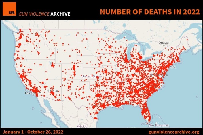 Mapa das mortes por violência armada nos EUA entre 1 de Janeiro e 26 de Outubro de 2022