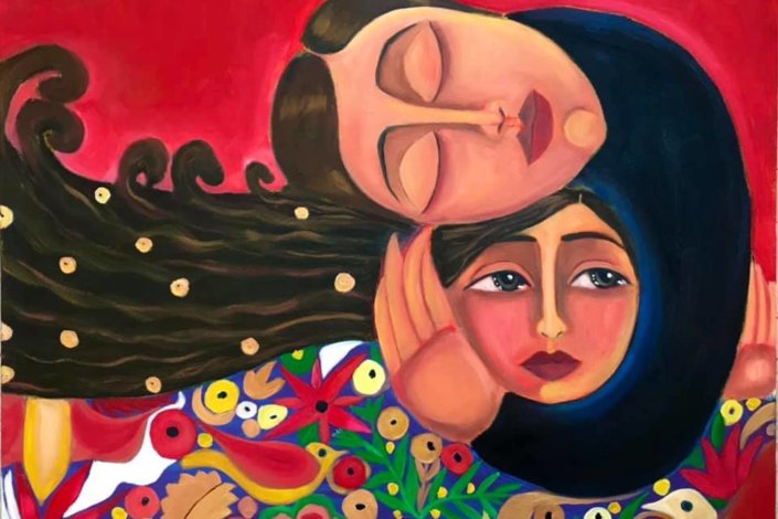 <em>Quando a família é o único abrigo</em> (2021). Óleo sobre tela de Malak Mattar (n. 1999)