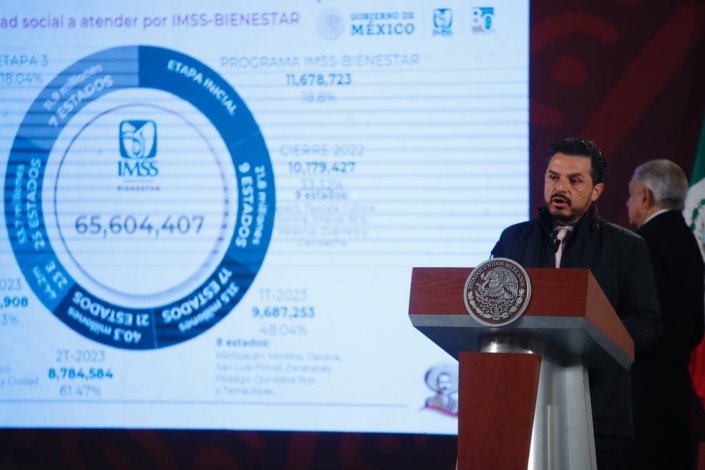 O director-geral do IMSS, Zoé Robledo, durante a conferência de imprensa matinal no Palácio Nacional, na Cidade do México, a 17 de Janeiro de 2023
