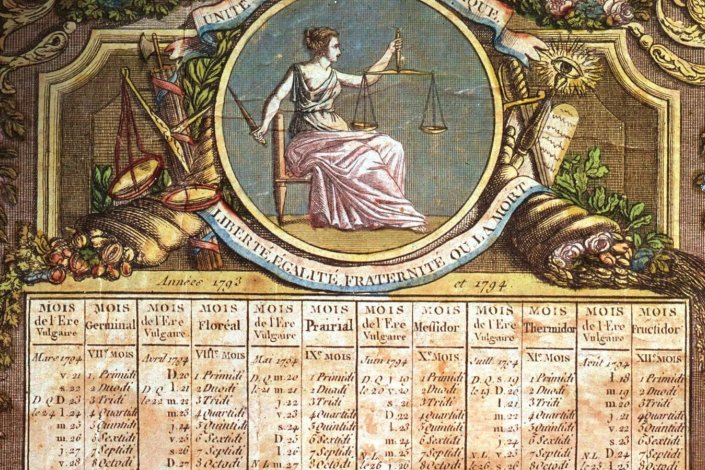 Um calendário republicano de 1793-94, encabeçado por uma alegoria da Justiça 