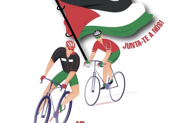 Cartaz de solidariedade do MPPM com o povo da Palestina, contra a participação da equipa israelita na 86.ª Volta a Portugal 