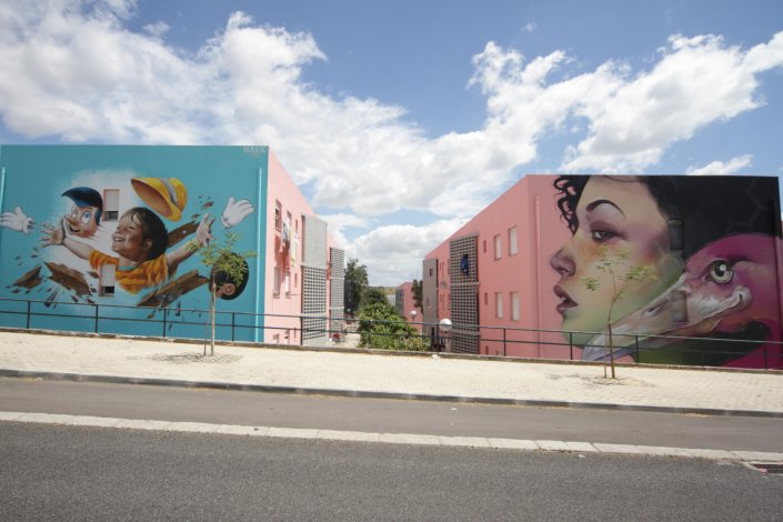 Trabalhos dos artistas Nark e Tretze na Alameda das Palmeiras