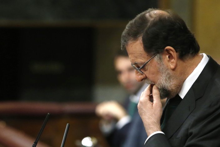 Mariano Rajoy, o presidente do governo espanhol demitido pelo parlamento, durante o seu discurso no debate da moção de censura do PSOE. 1 de Junho de 2018