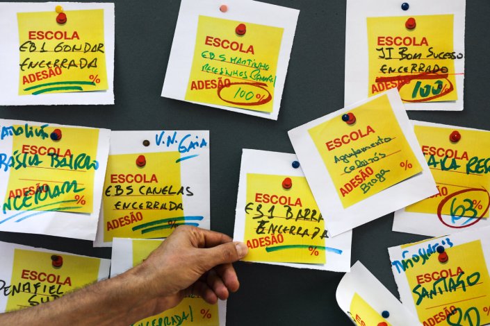 Papéis fixos num quadro com o nome de escolas onde houve adesão à greve, durante uma concentração de professores na baixa do Porto, 4 de Outubro de 2018. Termina hoje a greve nacional de professores e educadores. A greve culmina no dia 5 de Outubro, Dia Mundial do Professor, com uma manifestação nacional de professores e educadores, em Lisboa.