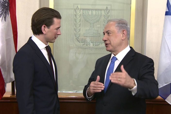 O primeiro-ministro Benjamin Netanyahu em encontro com o ministro dos Negócios Estrangeiros austríaco, Sebastian Kurz, Setembro de 2018.