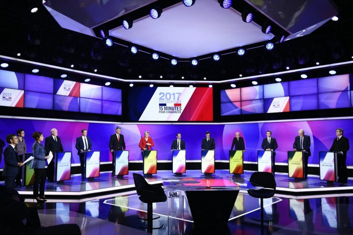 Último debate televisivo entre os 11 candidatos às presidenciais francesas, que têm a sua primeira volta a 23 de Abril, emitido pelo canal France2. 20 de Abril de 2017